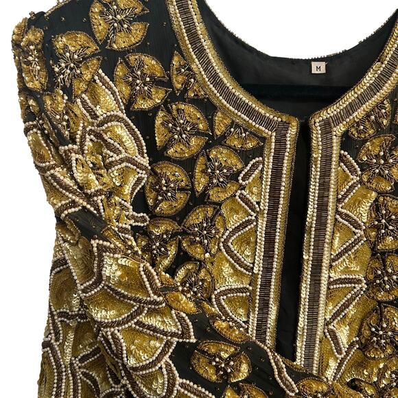Vintage Handmade Silk Beaded Jacket M Gold India Wearable Art Collector Piece - Picture 7 of 16